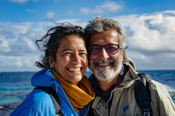 Portrait of a grinning mixed race couple in their 60s wearing a functional windbreaker isolated in stunning ocean reef