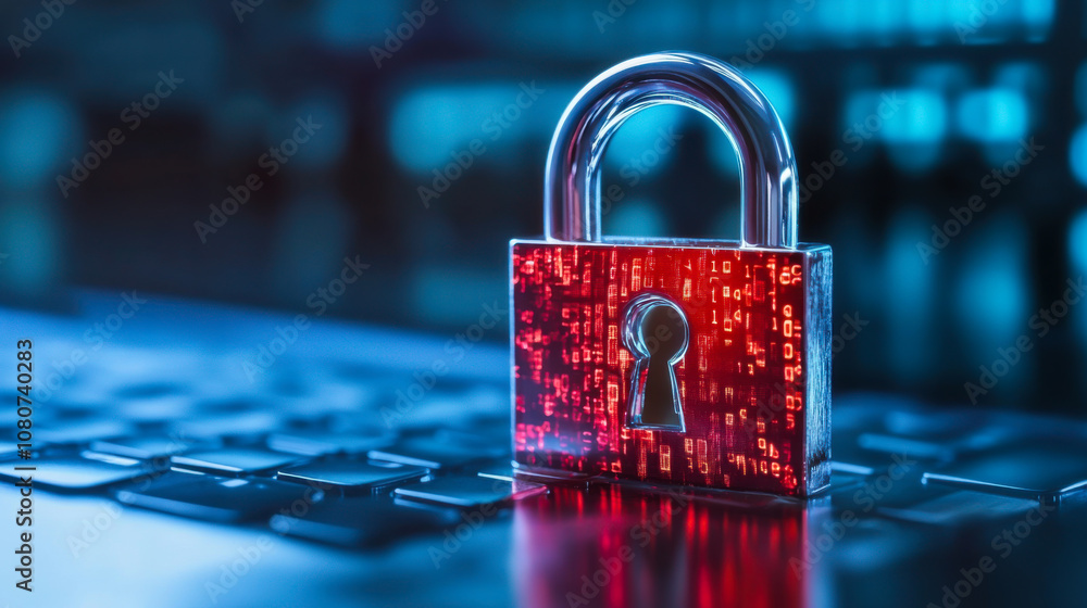 Poster a digital padlock sits prominently on a keyboard, symbolizing cybersecurity and data protection in a