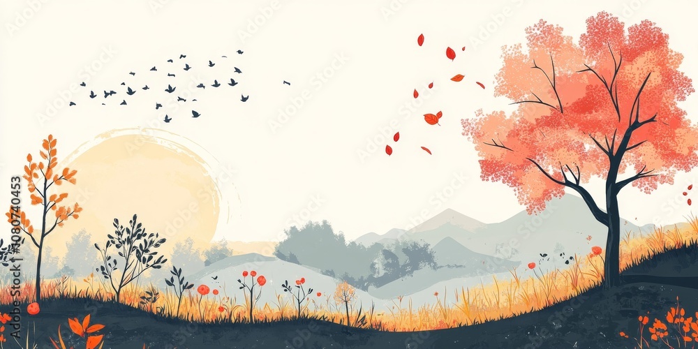 Poster a beautiful landscape with a tree in the foreground. the tree is surrounded by a field of flowers an