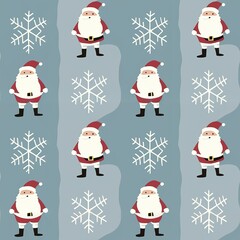 Cute vector seamless Christmas pattern featuring repeating cartoon Santa Claus characters and white winter snowflakes on a muted blue background.