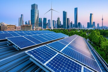 This image depicts a cityscape with solar panels and wind turbines, renewable energy solutions fighting climate change. The transition to clean and sustainable energy sources is portrayed in the