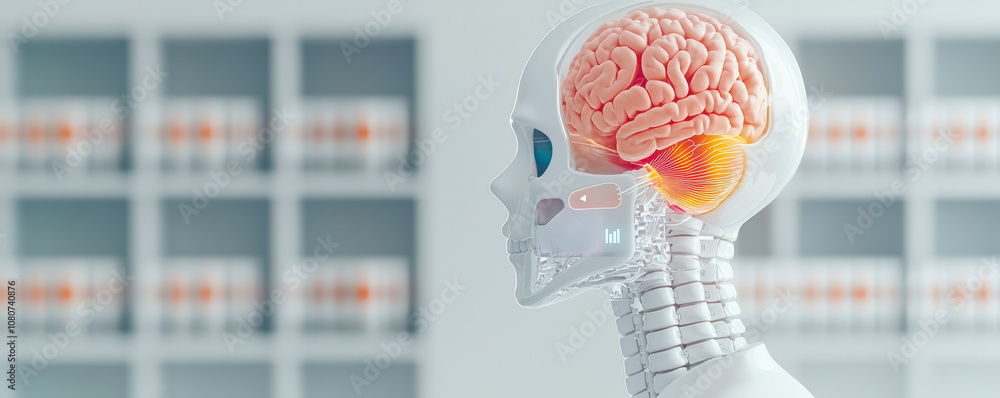 Poster a clear model depicting a human skull with a visible brain, emphasizing the connection between anato