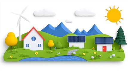 Naklejka premium During a sunny day in a serene mountainous area, wind turbines and solar panels are displayed alongside a hydroelectric dam