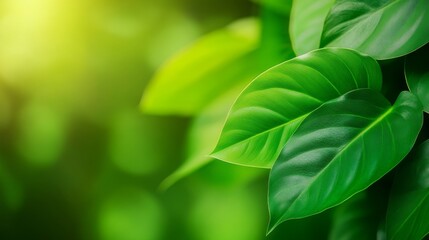 Fototapeta premium Bright green leaves of a philodendron stretch towards the sun displaying their rich texture and vivid color enhancing the calmness of a tropical atmosphere.