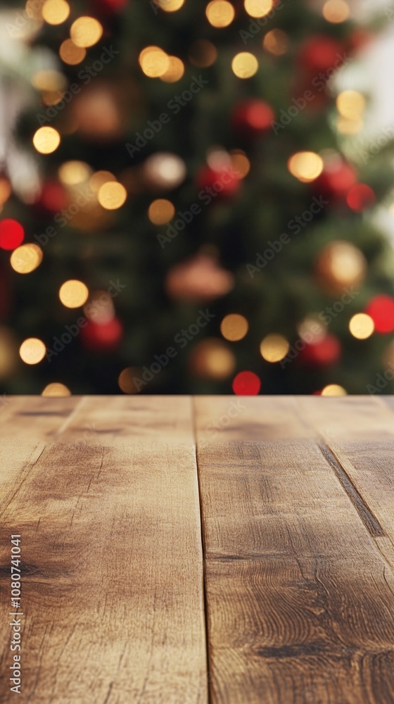 Poster rustic wooden table in foreground with blurred christmas tree lights in background, creating a warm 