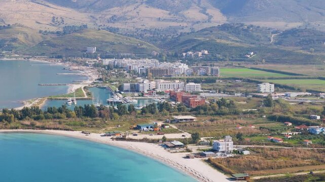 Aerial drone view of the marina and town of Orikum in Albania.