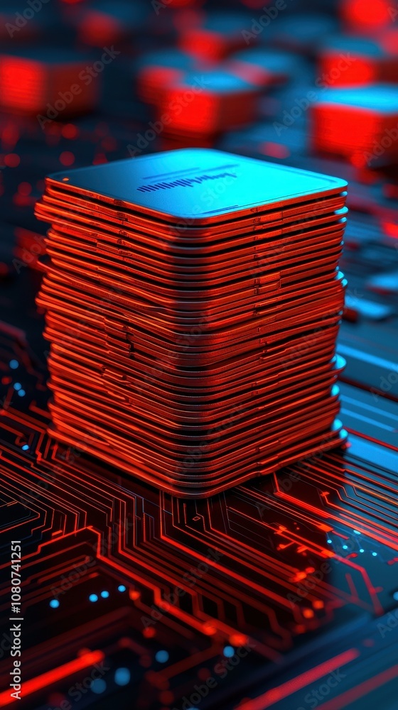 Poster a vibrant close-up of stacked computer chips illuminated in red, set against a technological backgro