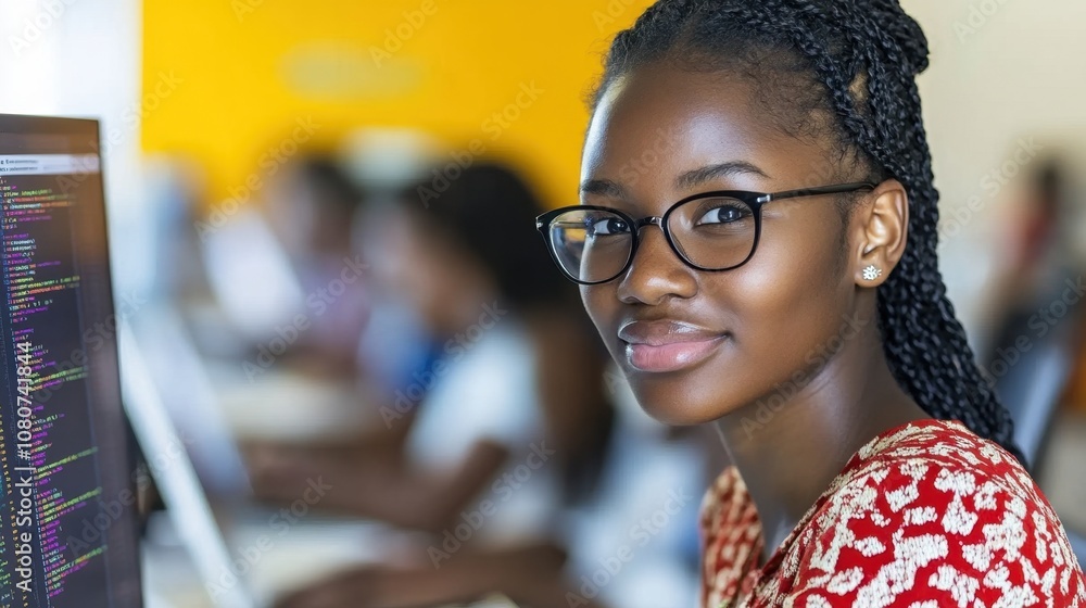 Aufkleber confident young woman in glasses smiling at camera while working on computer with code in bright mod
