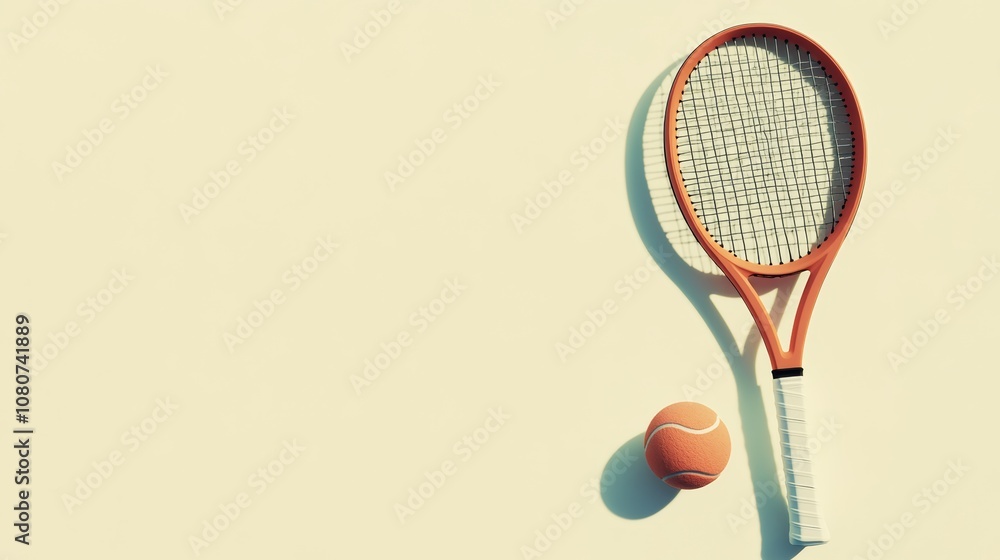 Poster Tennis racket and ball casting long shadows on a minimal yellow background create a striking visual for sports and leisure concepts