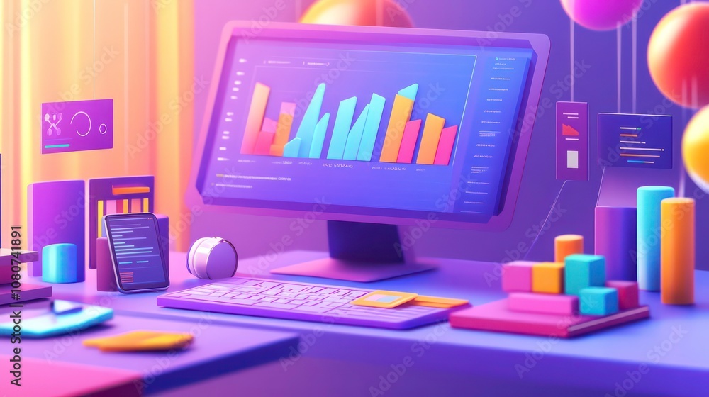Aufkleber A colorful digital workspace illustrating data analytics with charts, graphs, and elements of user interface design featuring engaging visuals and organized layout