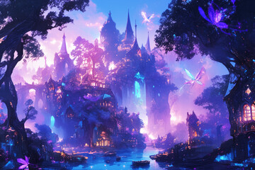 In a dreamy scene, a fairy tale castle in the clouds is surrounded by fluttering butterflies and a graceful fairy hovering nearby. The colorful, enchanting atmosphere feels otherworldly