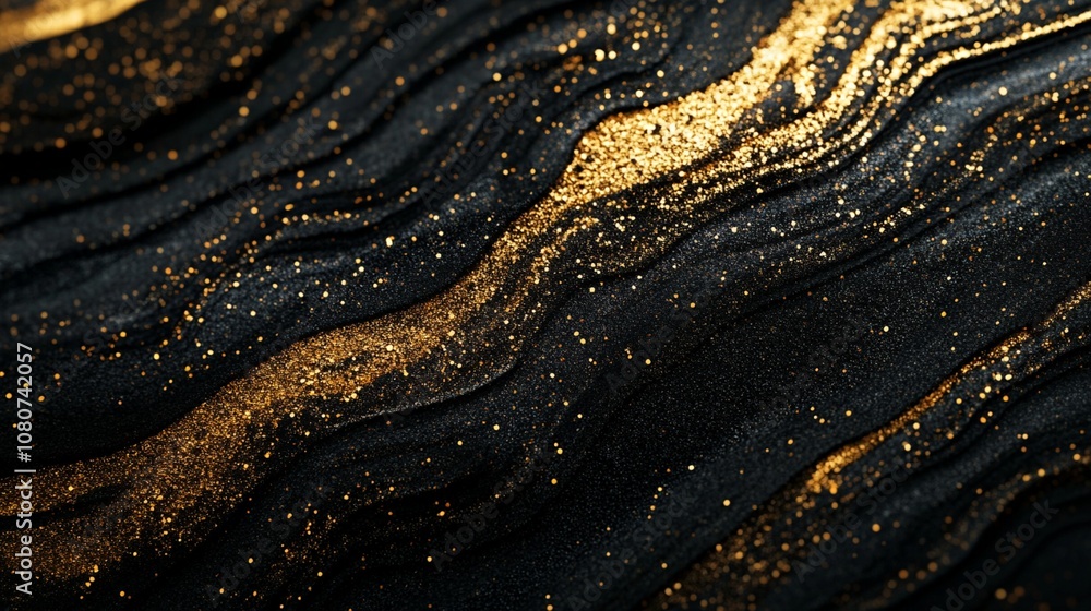 Poster shimmering golden streams flow across a dark, textured surface, creating an abstract landscape of li