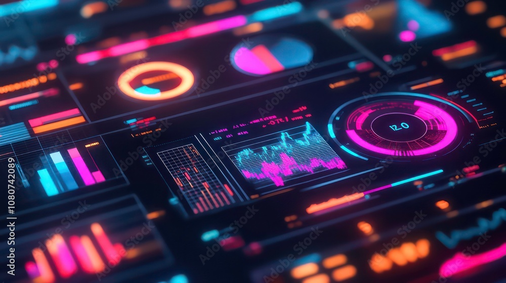 Poster Futuristic digital interface with graphs, charts, and data visualizations.
