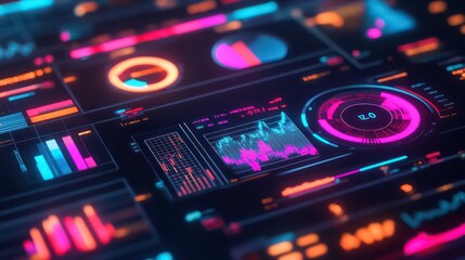 Obraz premium Futuristic digital interface with graphs, charts, and data visualizations.