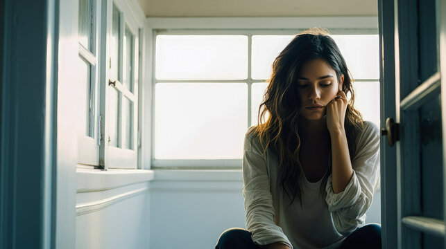A woman sits in a bright window seat, appearing deep in thought, reflecting on emotions and the world.
