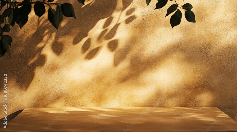 Poster sunlight filters through leaves, casting intricate shadows on a golden wall and wooden surface, crea