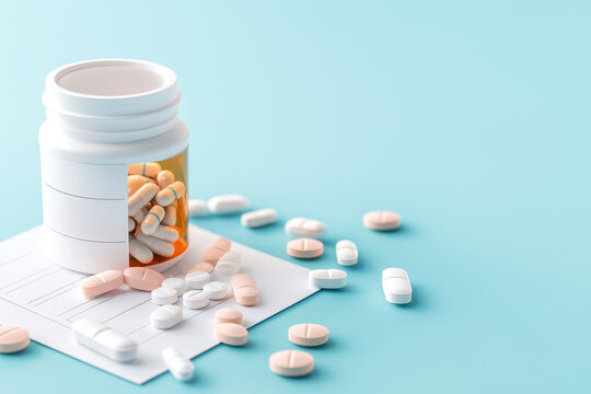 Affordable Care Act coverage cost concept. A vibrant image featuring a white medication bottle spilling various pills onto a light blue background, symbolizing health and pharmaceutical care.