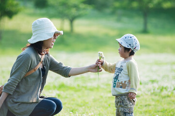 母親にシロツメクサの花束を差し出す男児