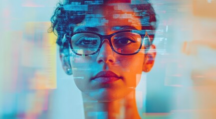A close-up of a person with glasses, surrounded by digital overlays, conveying a sense of technology and focus in a vibrant, modern context.