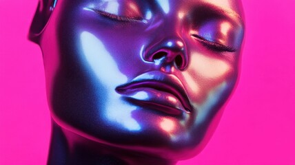 A glossy mannequin head with closed eyes and a metallic sheen, set against a vibrant pink background, creating a striking and artistic visual effect.