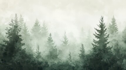 Misty forest in green-grey hues on a rough grunge wallpaper backdrop