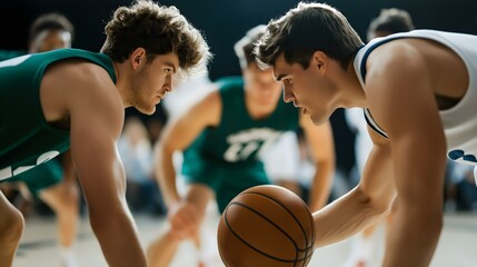 Intensity and focus during a basketball game between two players ready for action.