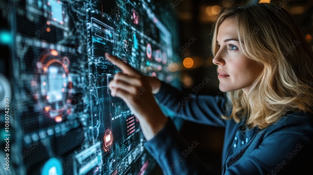 Poster female professional interacting with digital interface, futuristic technology, data analysis, and in