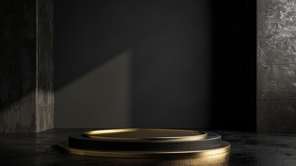 A sleek black and gold pedestal in a dark, minimalist room with striking lighting and shadows, perfect for showcasing products or art.