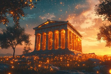 Obraz premium Experience the enchantment of an ancient greek temple glowing beneath a twilight sky