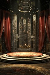 A stunning vintage theater stage featuring red curtains, intricate designs, and dramatic lighting, creating an elegant and luxurious ambiance.