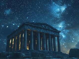 Obraz premium Explore the majestic beauty of an ancient greek temple under a starry sky