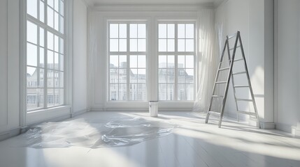Obraz premium Empty White Room with Plastic Sheeting and Ladder During Renovation