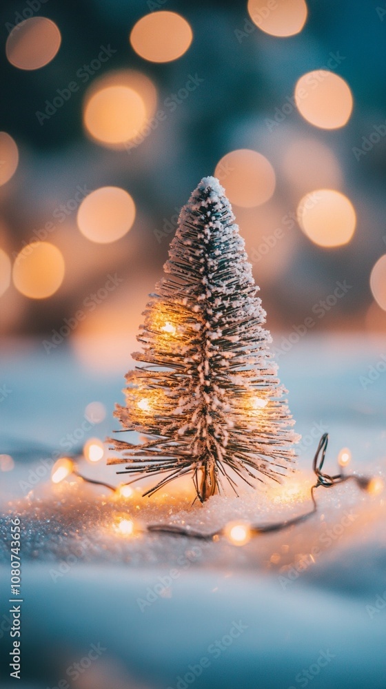 Poster miniature christmas tree adorned with twinkling fairy lights stands against a backdrop of soft, glow