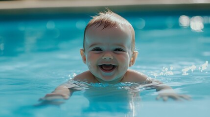 A baby is smiling and splashing in a pool