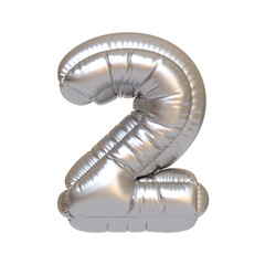 Silver balloon shaped like the number 2, isolated on a white background, ideal for festive events and celebrations. 3D render illustration