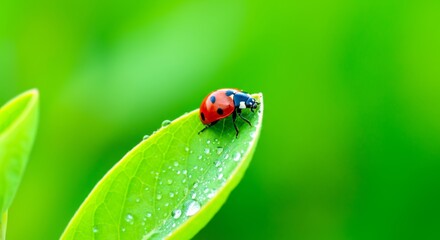 Ladybug on dew-covered leaf against vibrant green background