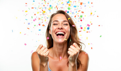 A bright, happy woman raises two hands up, the concept of victory and success, on a white background