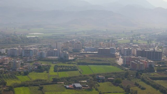 Aerial drone view of the town center in Orikum, Albania.