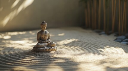 Zen garden with sand patterns, small Buddha figurine in center, soft light,