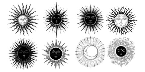 Vector illustration set of moon phases. Different stages of moonlight activity in vintage engraving style. Zodiac Signs
