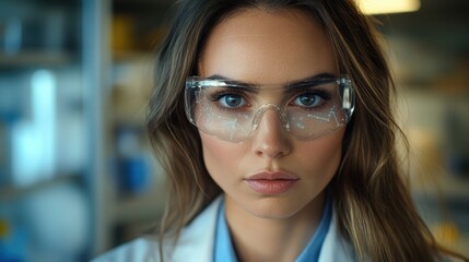 Close-Up Portrait of a Confident Female Scientist Wearing Safety Goggles in a Modern Laboratory Setting, Emphasizing Research and Innovation
