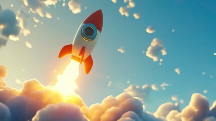 A cartoon rocket ship blasts off through the clouds towards a bright sunrise.