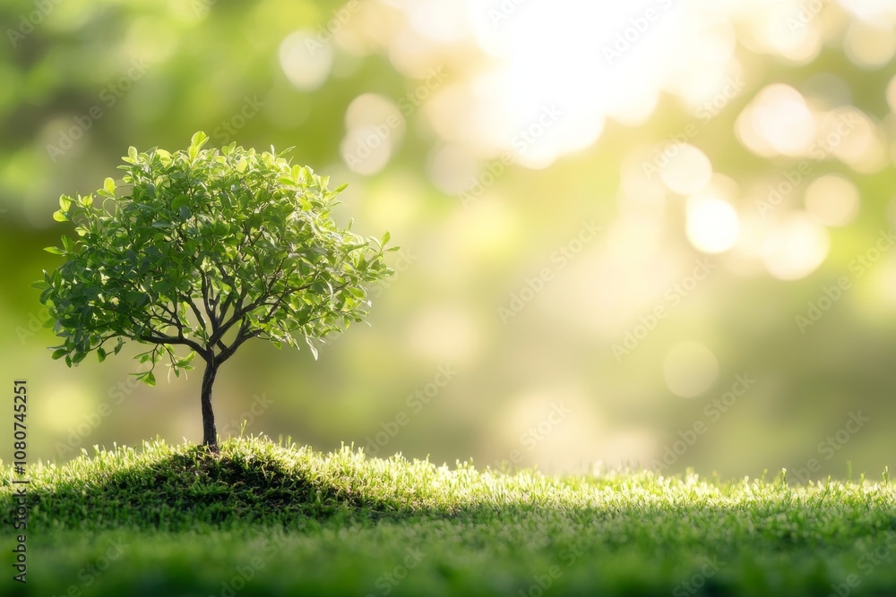 Poster a small tree is growing in a grassy field. the tree is surrounded by grass and is the only object in