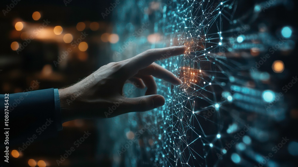 Poster A hand reaches out to touch a digital network of lines and points, representing data connections and the digital world.