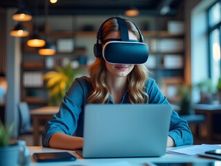 Caucasian white woman employee working at the office with a laptop and advance virtual reality goggle. Attend virtual business meeting and improve work efficiency. Future workplace and office model.