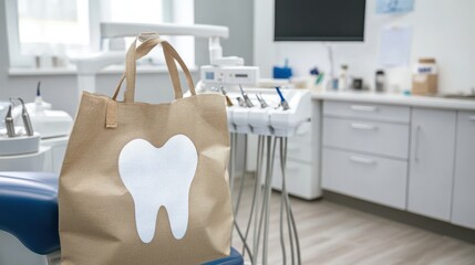 A dental office scene features a large bag with a tooth emblem, symbolizing dental healthcare costs amidst modern equipment.