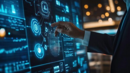 A businessman's hand interacts with a large interactive touchscreen display showing data and graphs.