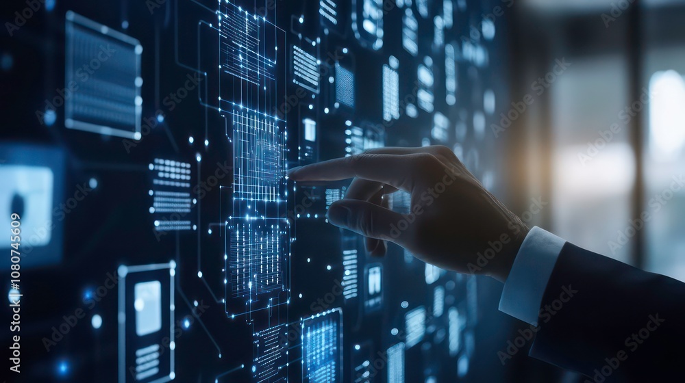 Poster A businessman touches the structure of business technology on a data network to adapt new policies and technologies to provide a better customer experience and to remain competitive