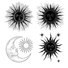 Fototapeta premium Vector illustration set of moon phases. Different stages of moonlight activity in vintage engraving style. Zodiac Signs