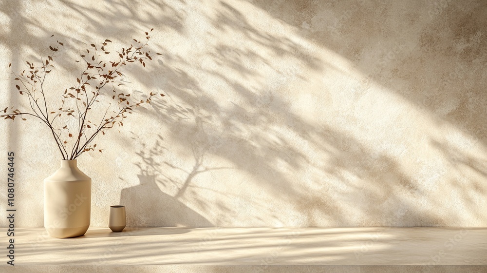 Poster sunlight casts intricate shadows on a minimalist scene: a white vase with delicate branches and a sm